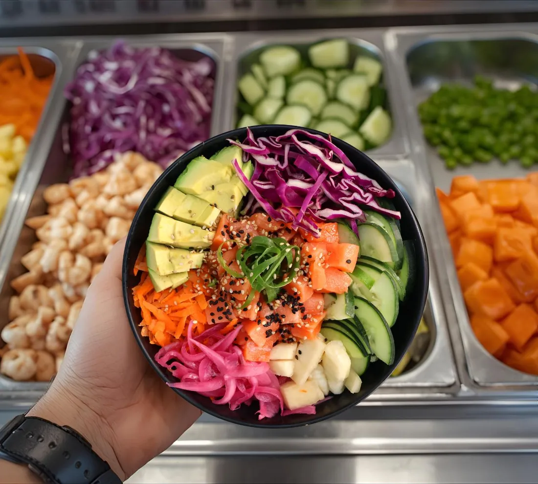 Bowl de poke recién armado sobre la barra de ingredientes